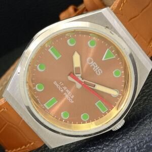 Vintage 1994 Oris Manual Mens Silver Watch W/Leather Strap & Green accents